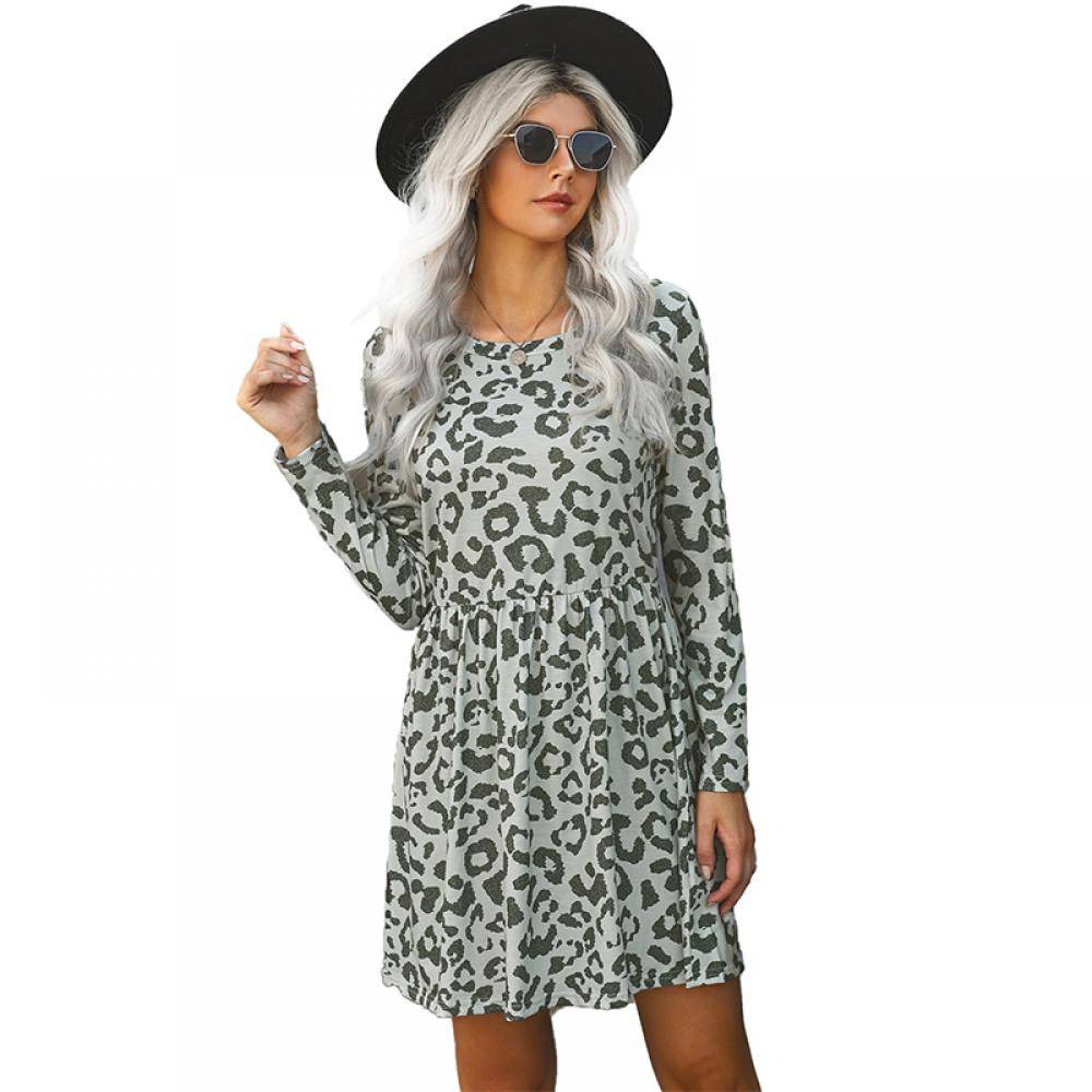 Women's Long Sleeve Loose Dress Leopard Print Waist Midi Dress