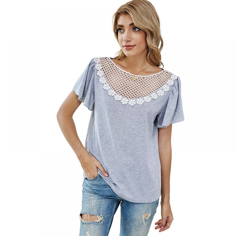 Women's Lace Neckline Stitching Loose Short Sleeve T-shirt
