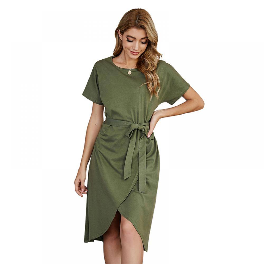 Women's Irregular Short-sleeved Round Neck Dress With Solid Color Tie