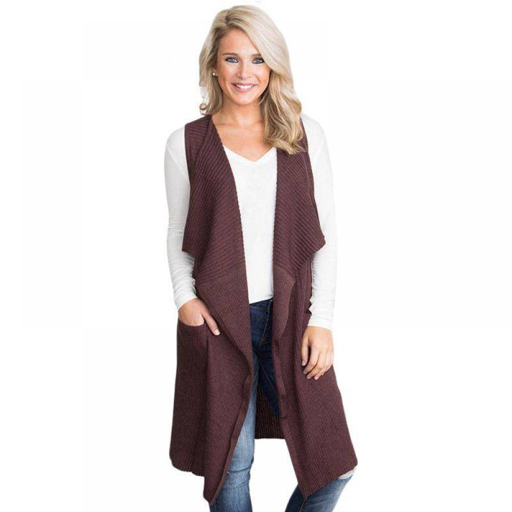 Women's Cardigan Sleeveless Pocket Mid-Length Plus Size Cardigan Sweater Coat