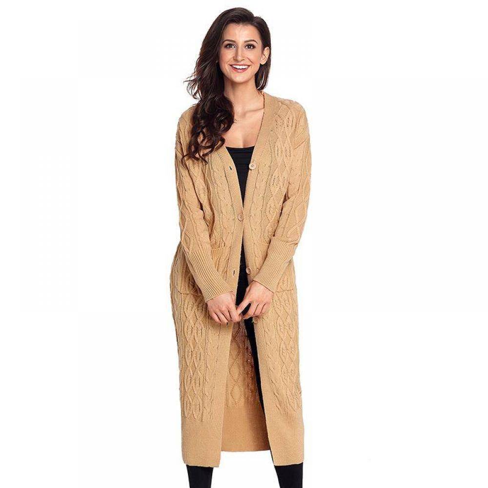 Women's  Button Ribbed Sleeve Mid-Length Cable Knit Cardigan Sweater Coat