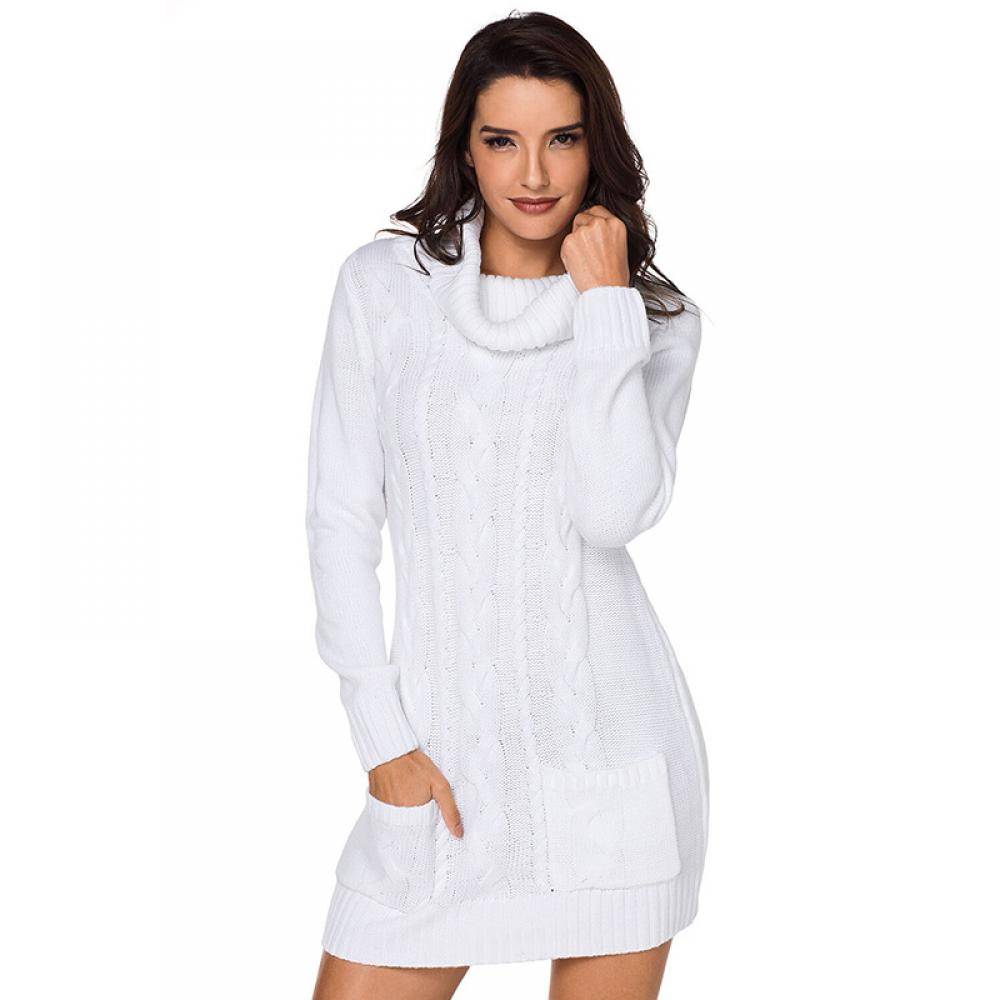 Women's Solid Color Jacquard Pullover High Neck Long Sleeve Slim Sweater Dress